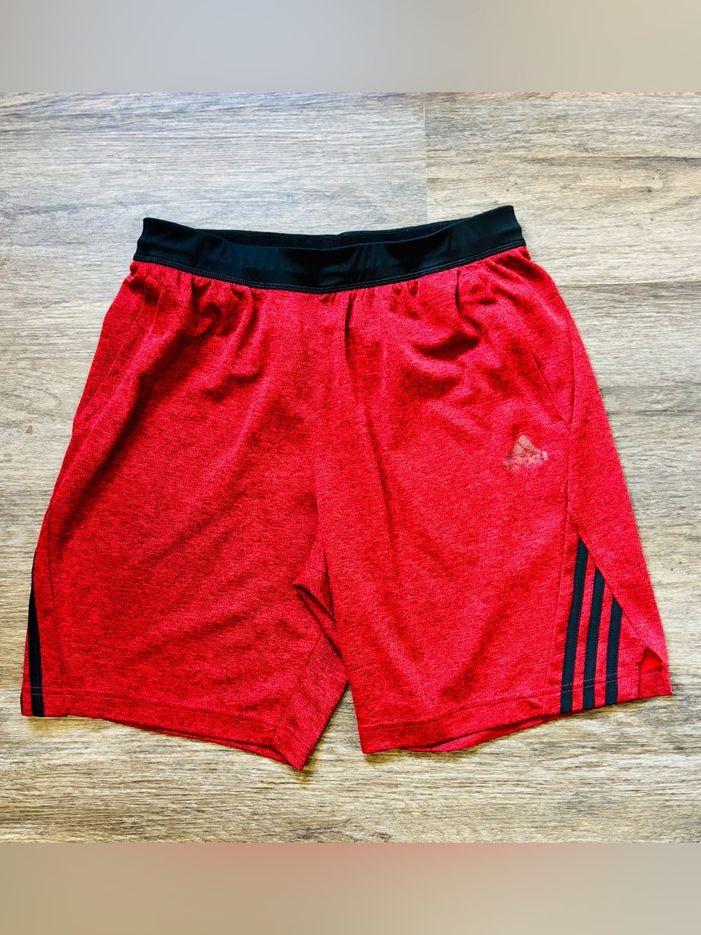 adidas Men’s Red Athletic Shorts with Black Waistband and Stripes